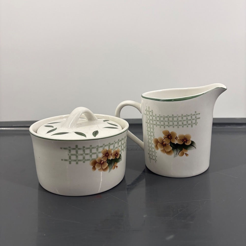 Cades Creek Stoneware Cream and Sugar Set Apple Floral Lattice Green White